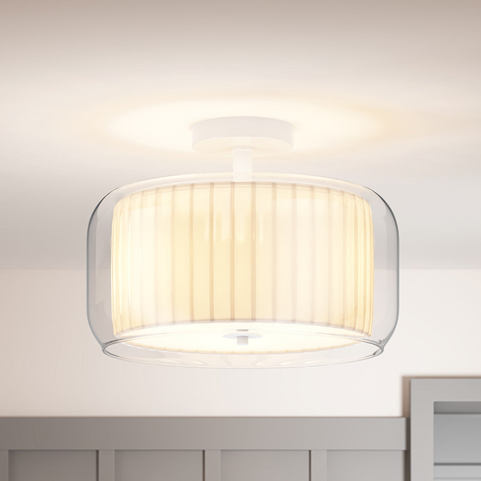 Modern 3-Light Semi Flush Mount Glass Ceiling Light with White Fabric Shade