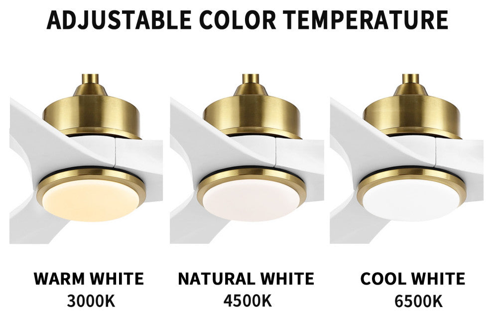 52" Solid Wood 3-Blade LED Ceiling Fan With Remote Control and Light Kit, Gold/White