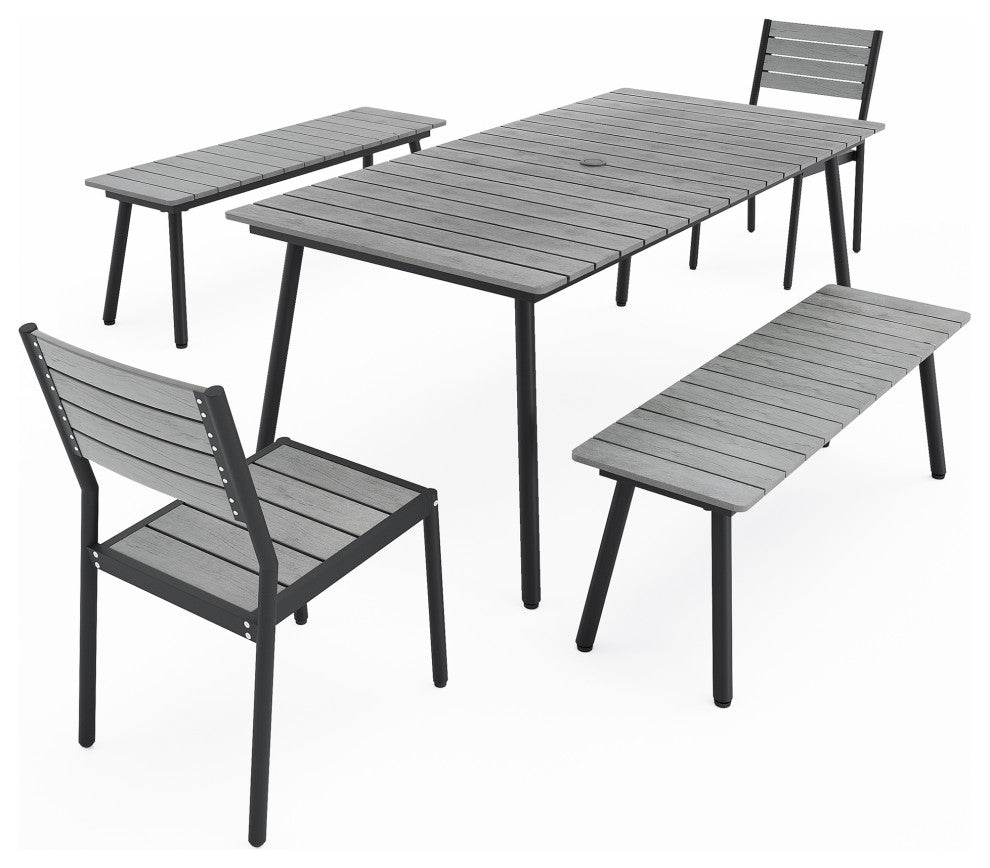 5-Piece Gray Outdoor Patio Set Dining Chairs Table With Umbrella Hole, Gray