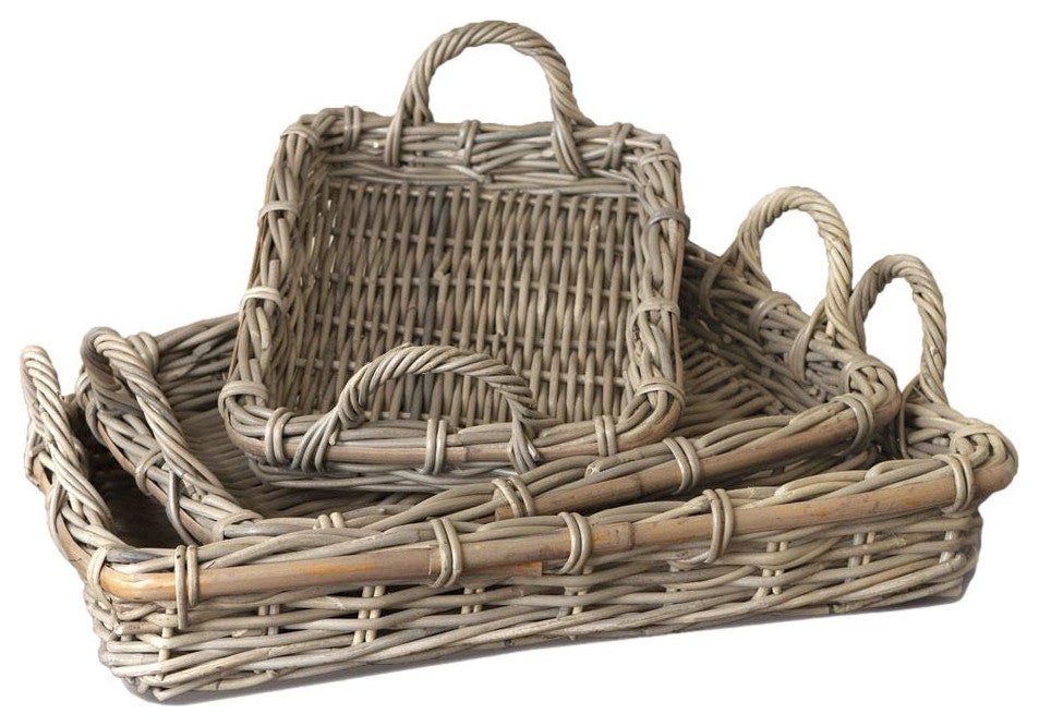Set of 3 Rattan Cane Serving Trays Woven Gray Nesting 25 in with Handles