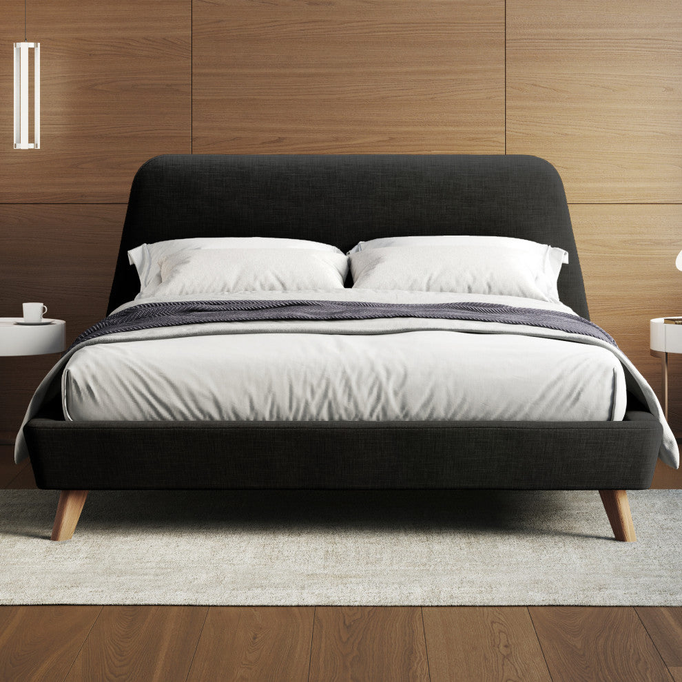 Henry Mid-Century Modern Upholstered Platform Bed, Dark Gray, Queen