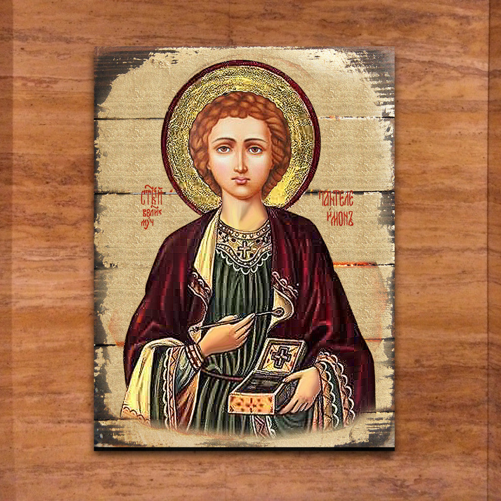 Icon Saint Panteleimon Wall Art On Wood, 8 Inch