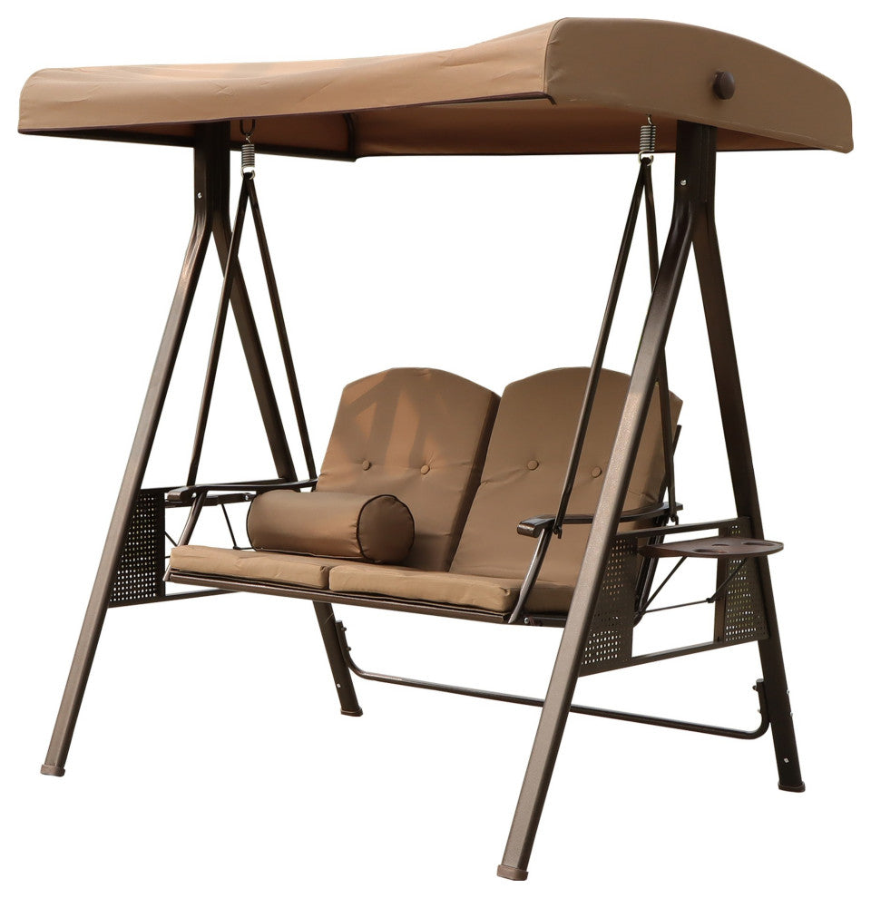 Outdoor Patio Porch Swing Chair With Adjustable Canopy and Pillow, Brown Beige