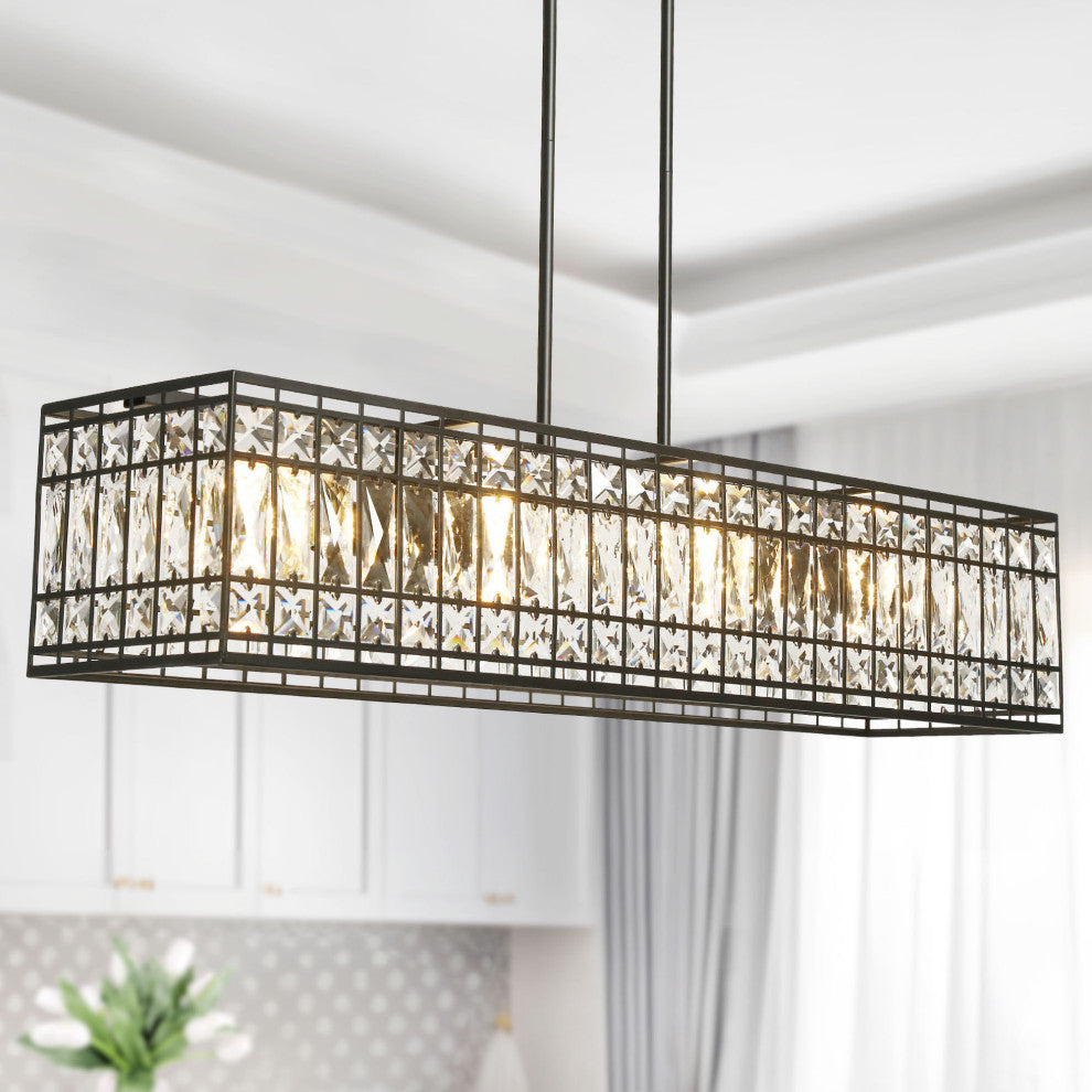 LNC Chispa 4-Light 35" Modern Rectangle Crystal Glass Pendant Lights for Dining