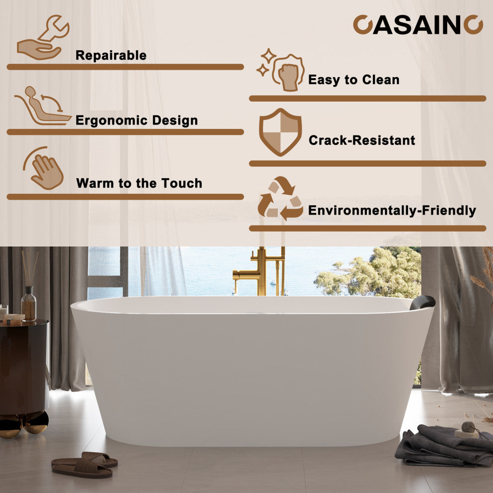 59in White Solid Surface Freestanding Soaking Bathtub with Drain, 67in