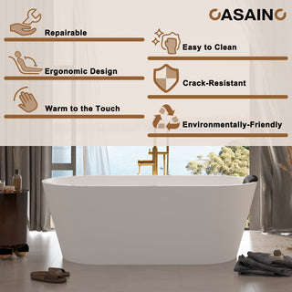 59in White Solid Surface Freestanding Soaking Bathtub with Drain, 67in