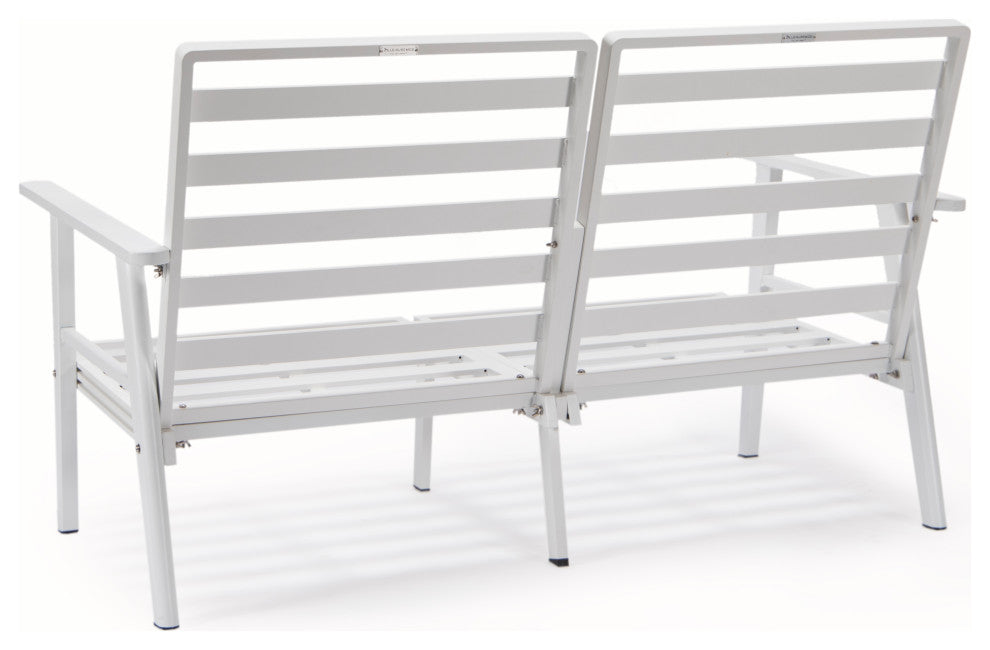 Leisuremod Walbrooke Patio Loveseat With White Aluminum Frame, Light Gray