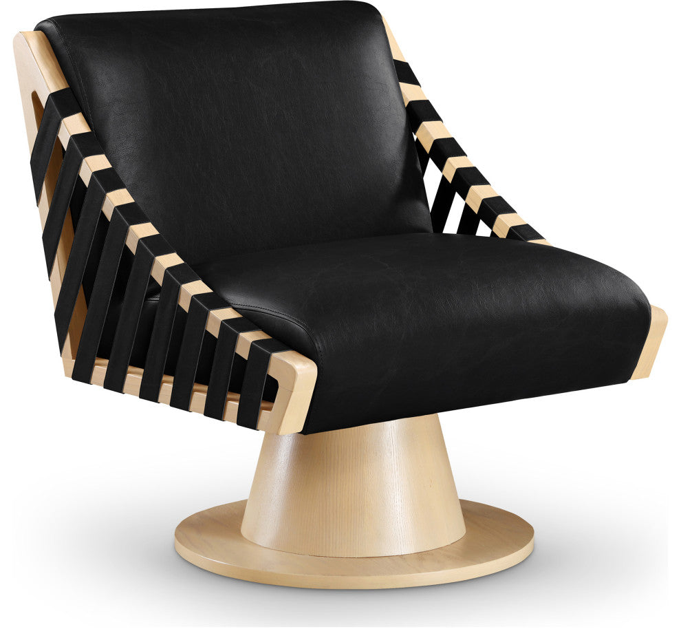 Millwin Upholstered Swivel Accent Chair, Black, Vegan Leather, Natural Finish