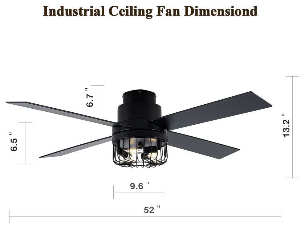 52 " Modern Flush Mount Ceiling Fan 6-speed with Light Kit and Remote Control, Black, 52"