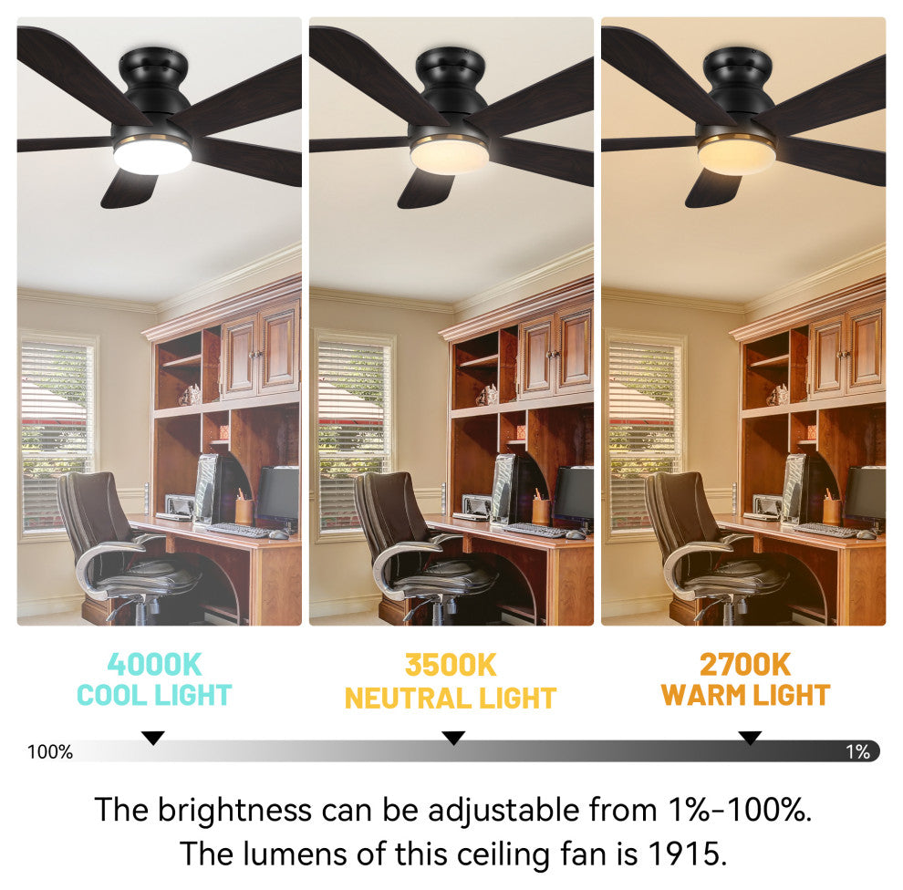 CARRO 48inch Low Profile Flush Ceiling Fan with Remote and Dimmable LED Light, Black