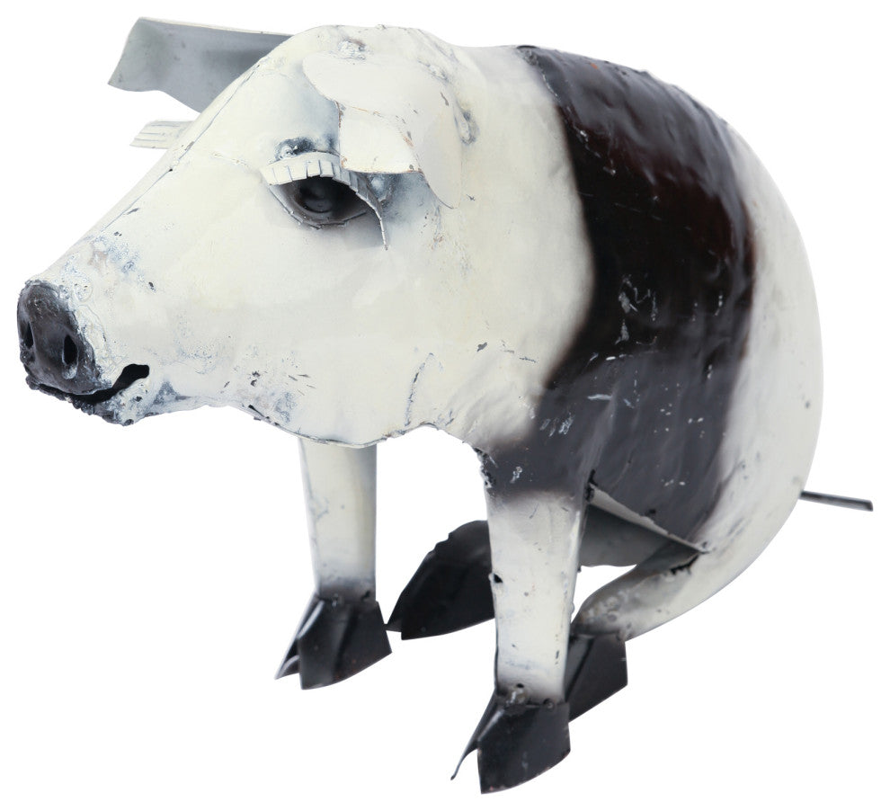 Recycled Metal Sitting Pig, Black and White