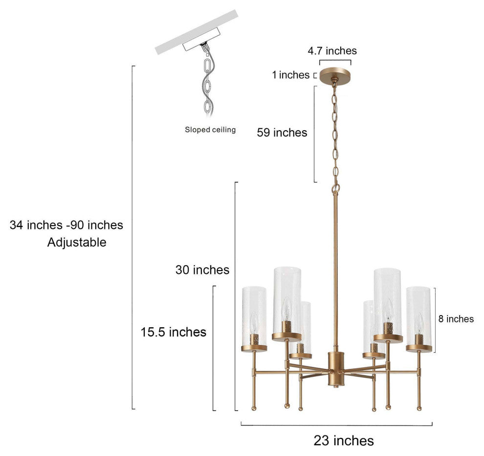 LNC 6-Light Modern Candle-Style Glass-Cylinder Chandelier, Brass