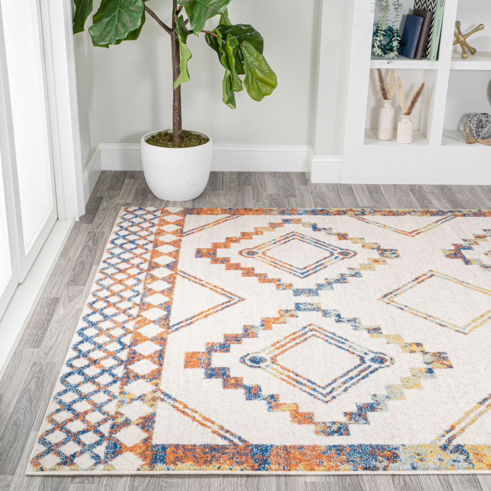 Amir Moroccan Beni Souk Rug, Ivory/Blue/Orange, 5 X 8