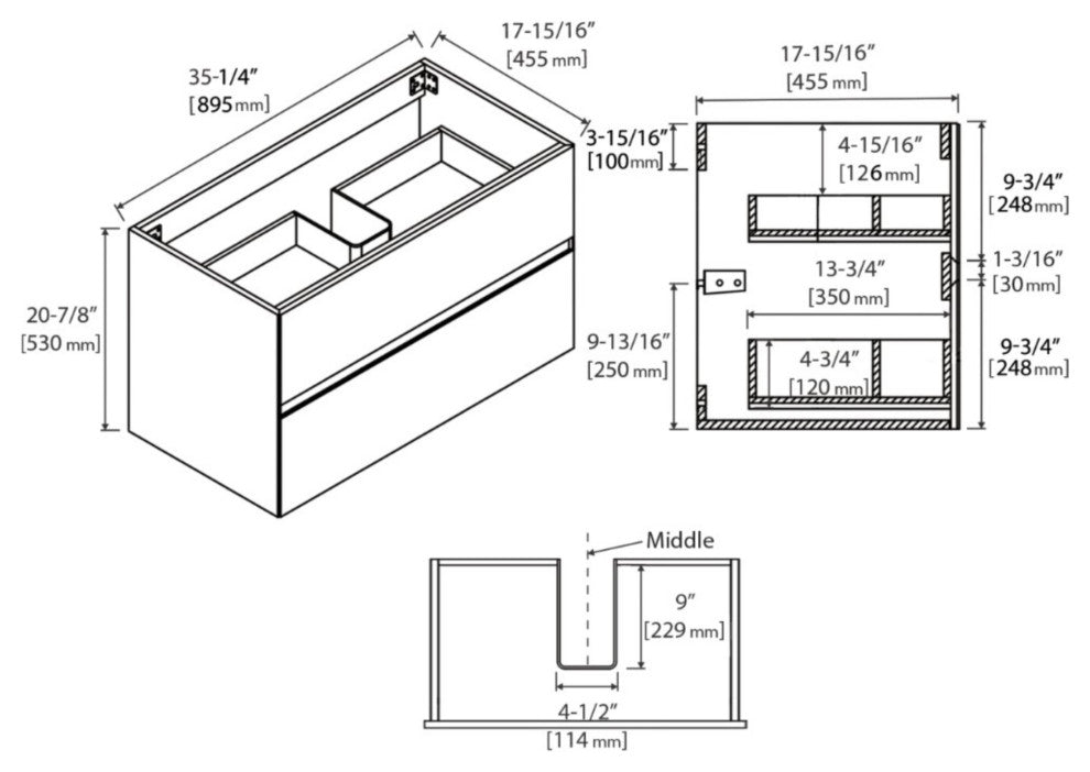 Wall Mounted Bathroom Vanity and Sink, Floating Bath Vanity with Sink, Brown Walnut, 36'' Ceramic Sink