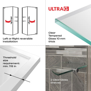 LessCare ULTRA-G Clear Glass Pivot Shower Enclosures, Chrome, 29 3/8-30"x72"x34-35