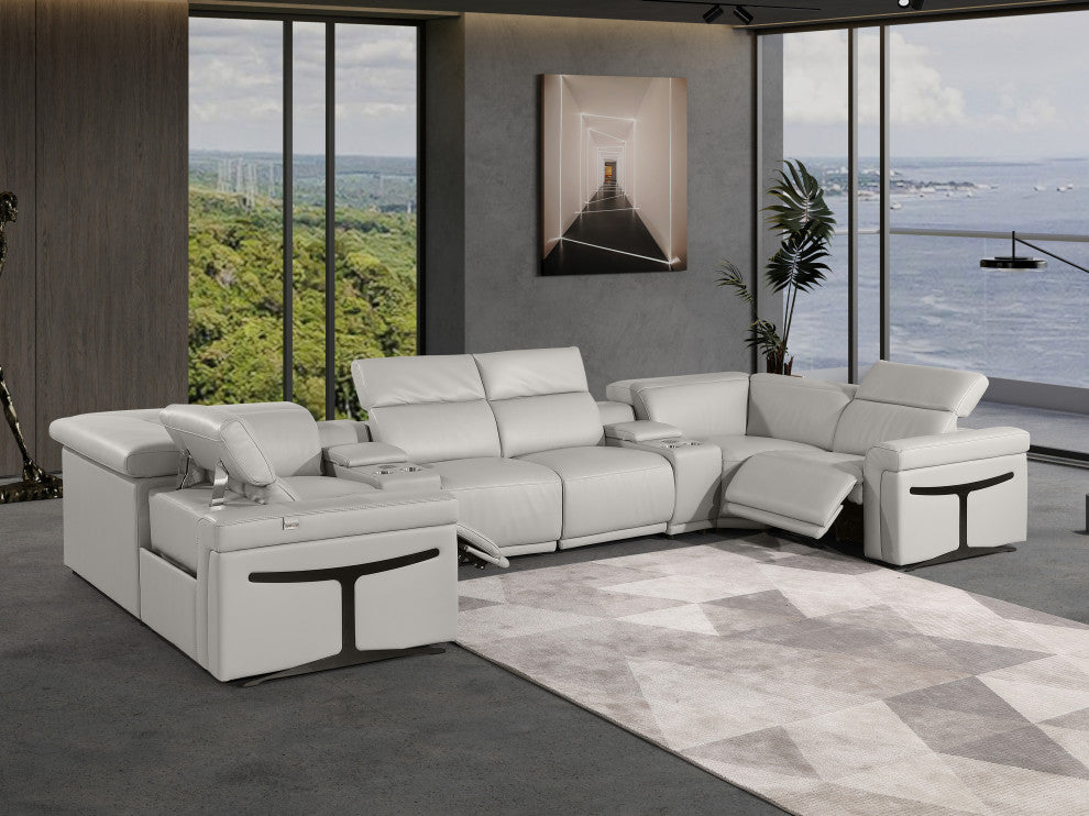 GIOVANNI 8-Piece 2-Power Reclining Italian Leather Sectional, Light Gray
