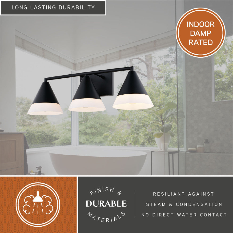 Winthrop 25.25" 3-Light Gold Modern Bathroom Vanity Fixture, White Glass Shade, Matte Black