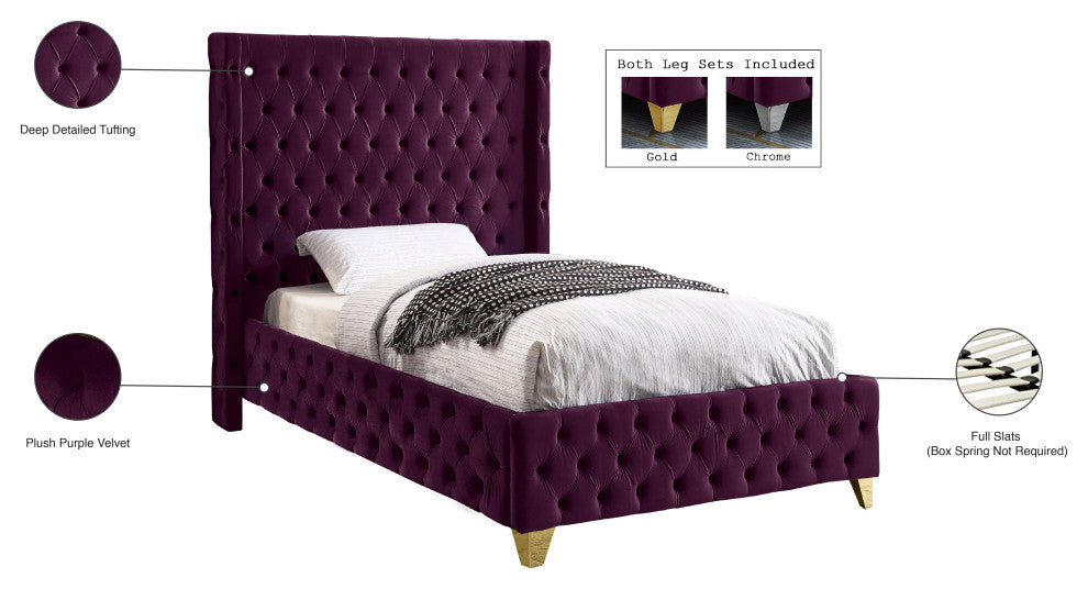 Savan Velvet Upholstered Bed, Purple, Twin