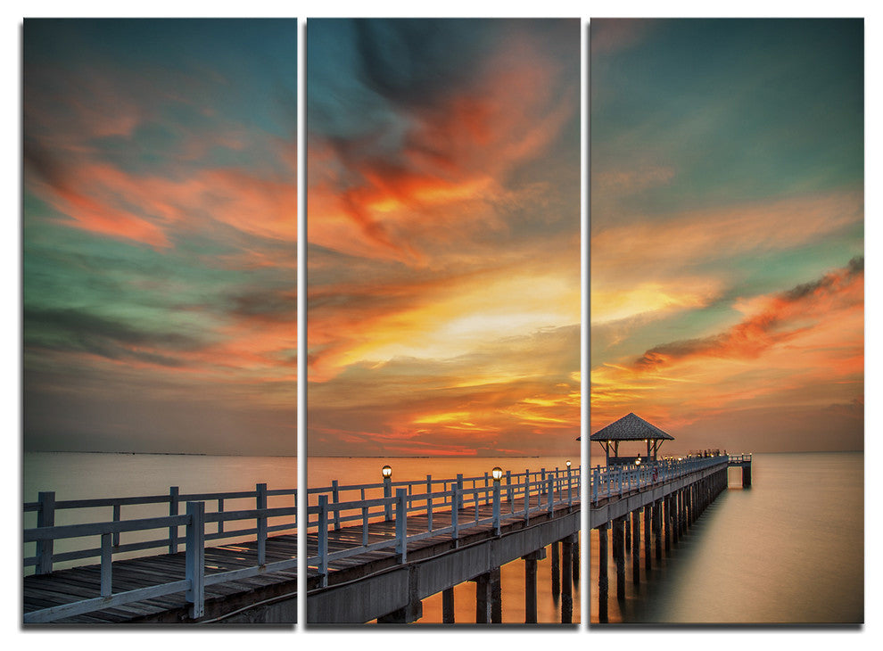 "Colorful Sky and Long Wooden Pier" Sea Pier Metal Wall Art, 3 Panels, 36"x28"