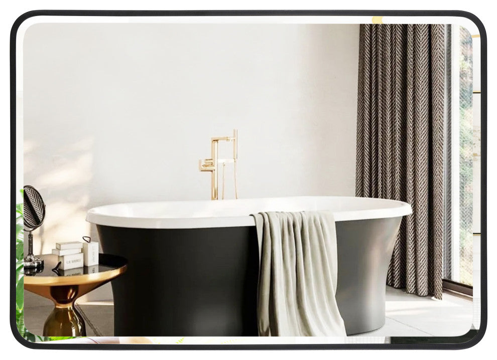 Metal Frame Beveled Glass Bathroom Wall Mirror With Round Corner, 32"x24"