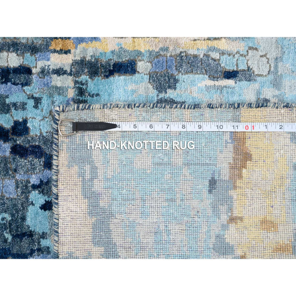 Denim Blue Hand Knotted, Mosaic Design Wool and Silk Runner Rug, 2'8" x 9'9"