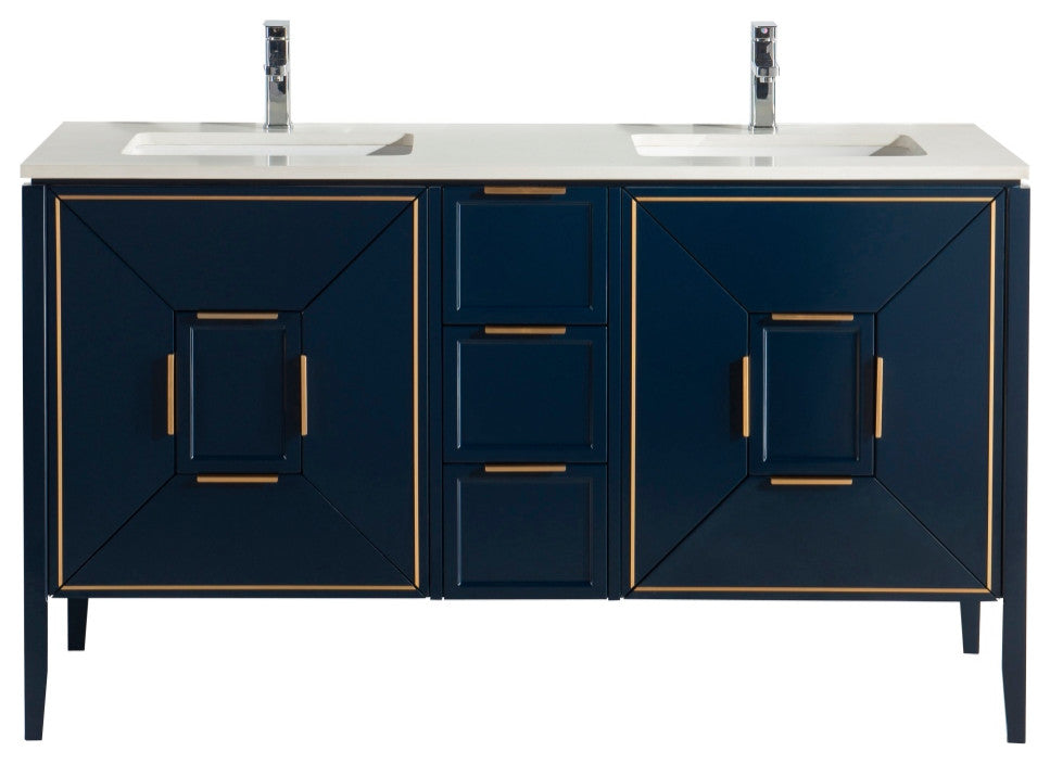 Vetro 60" Vanity With Quartz Counter Top, Gloss White, Navy Blue