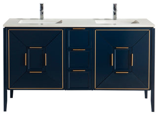 Vetro 60" Vanity With Quartz Counter Top, Gloss White, Navy Blue