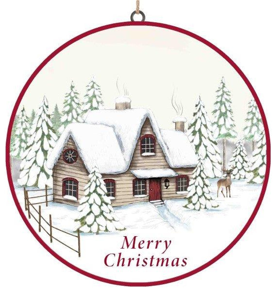 Woodland Winter Cabin Disc Ornament, Set of 12