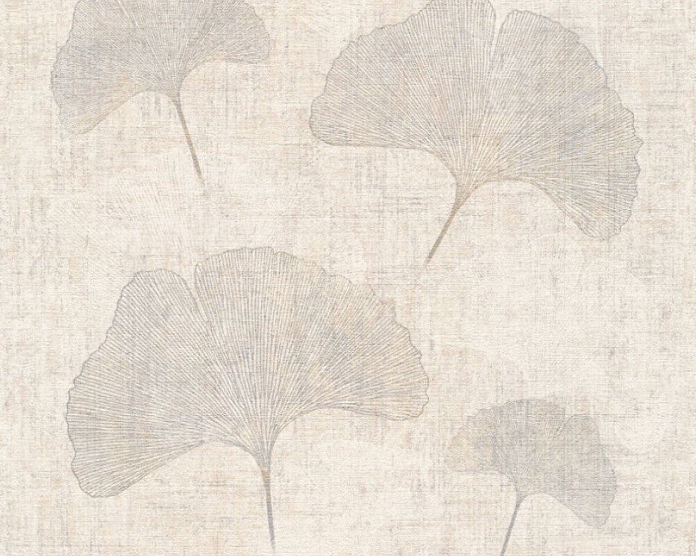 Floral Textured Wallpaper Gingko Leaves, Gray Silver, Sample
