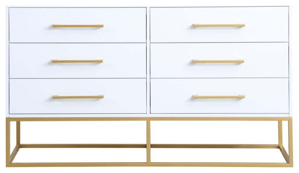 Maxine Wood Dresser With Durable Brushed Gold Metal Base, Rich White Finish