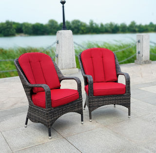Set of 2 Brown Outdoor Patio Wicker Dining Cozy Armchairs, Red Cushions