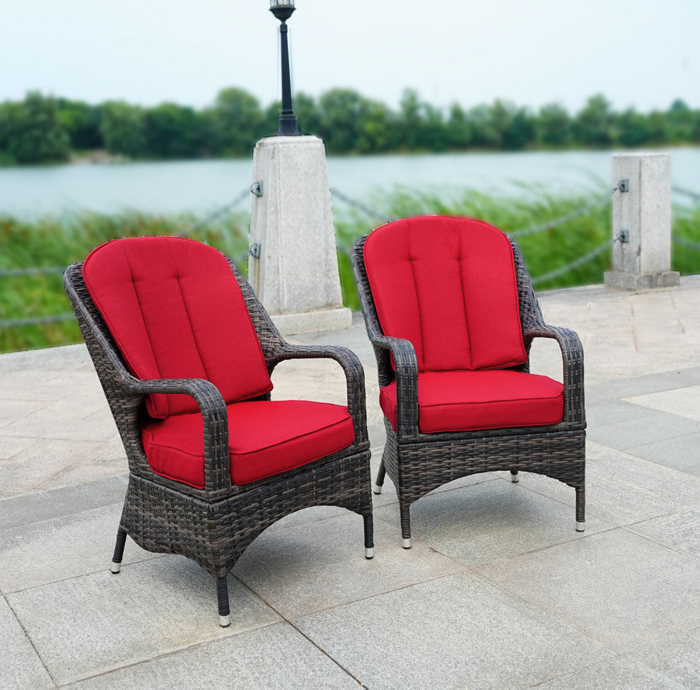 Set of 2 Brown Outdoor Patio Wicker Dining Cozy Armchairs, Red Cushions