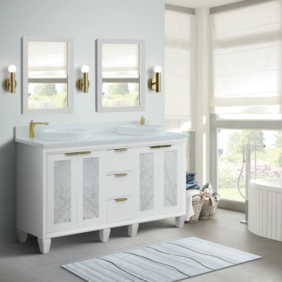 61" Double Sink Vanity, White Finish With Engineered Stone Top And Round Sink