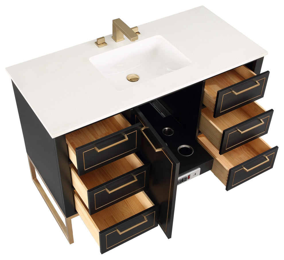 Markham 48" Bathroom Vanity, Midnight Black/Satin Brass, 48", Quartz Countertop