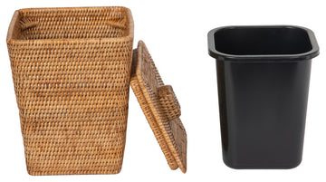 Rattan Square Waste Basket, Lid, Plastic Insert, Honey-Brown