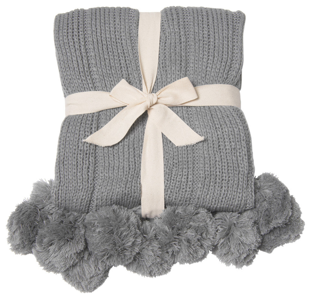 Knitted Pom Throw, Grey