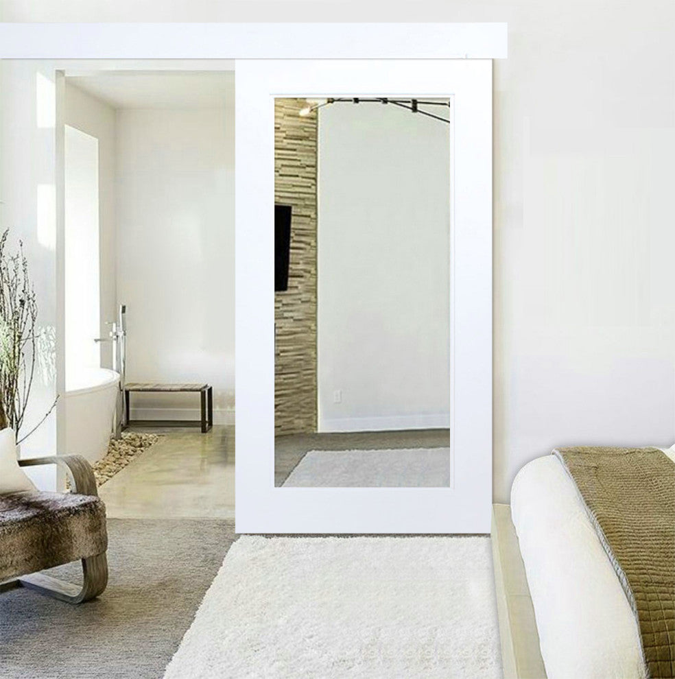 White Primed Mirror Sliding Barn Door with Hardware Kit., Hardware With Fascia, 32"x84" Inches, 1x Mirror One-Side