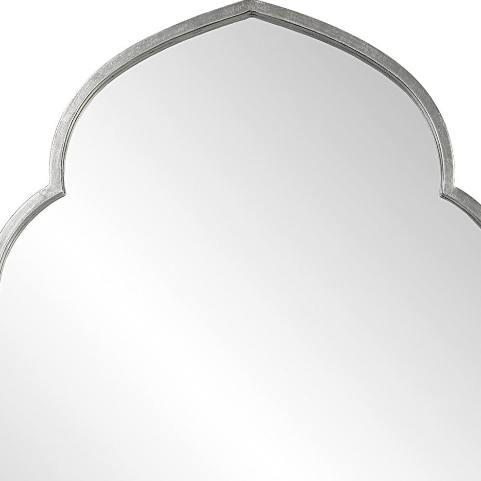 38 Inch Wood Wall Mirror, Moroccan Style, Antique Silver
