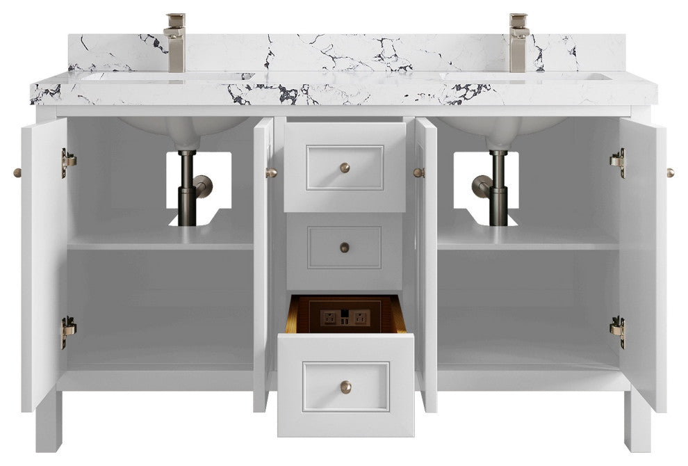 Nashville 60" Double Bathroom Vanity, White 2" Viola Night