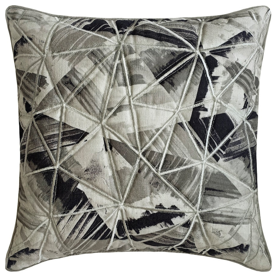 Grey Cotton Geometric, Mosaic, Embroidery 14"x14" Throw Pillow Cover - Web World