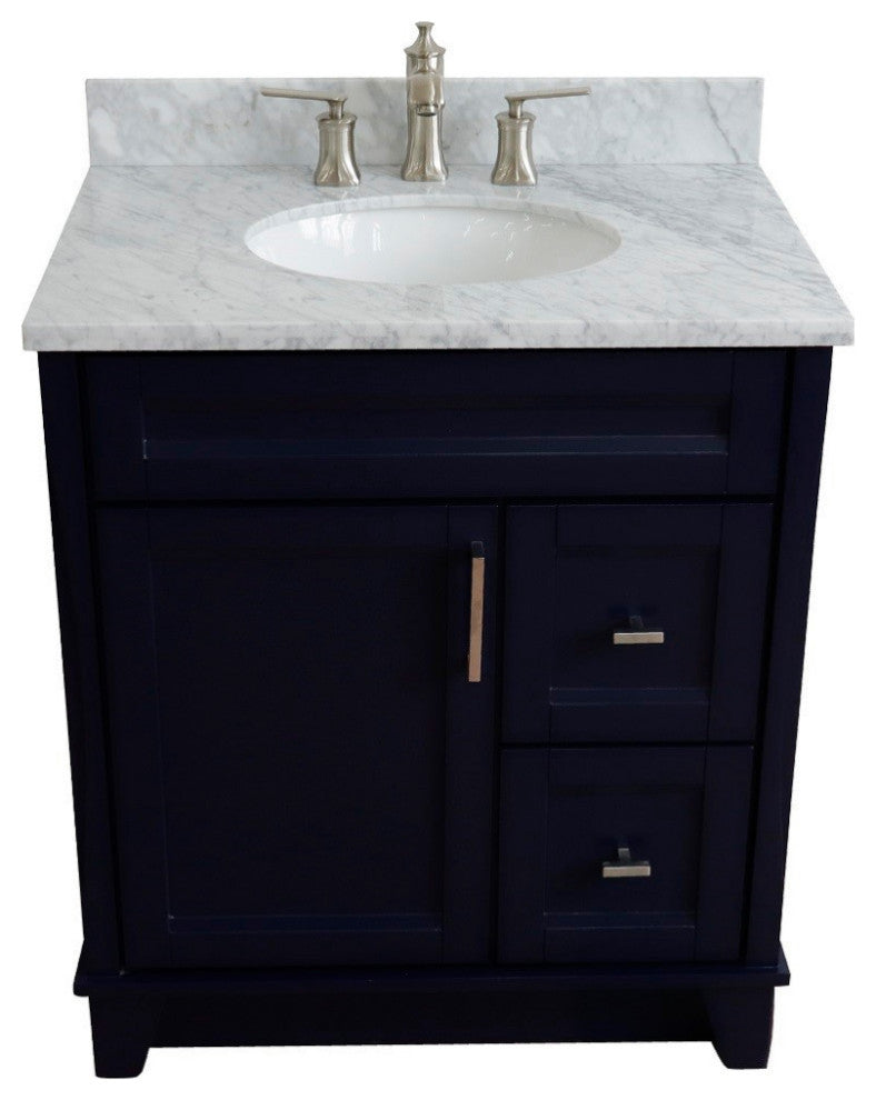 31" Single Sink Vanity, Blue Finish With White Carrara Marble With Oval Sink