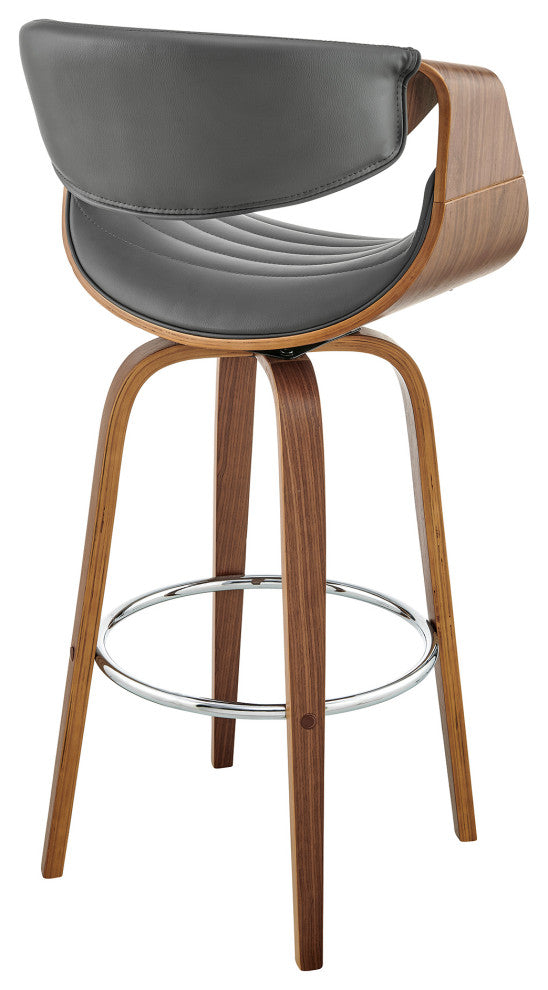 Arya Swivel Bar Stool, Faux Leather and Wood, Gray and Walnut, 30"