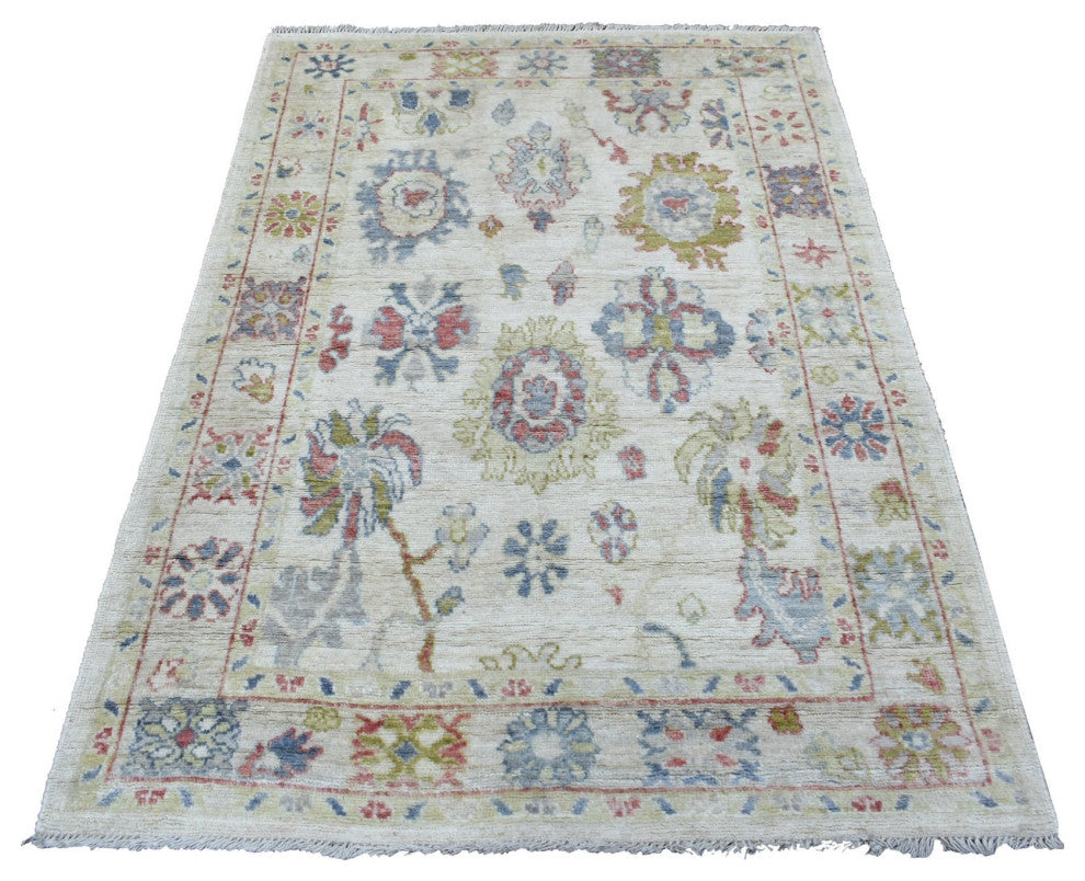 Organic Wool Hand Knotted Ivory Angora Ushak Oriental Rug, 4'1" x 6'0"