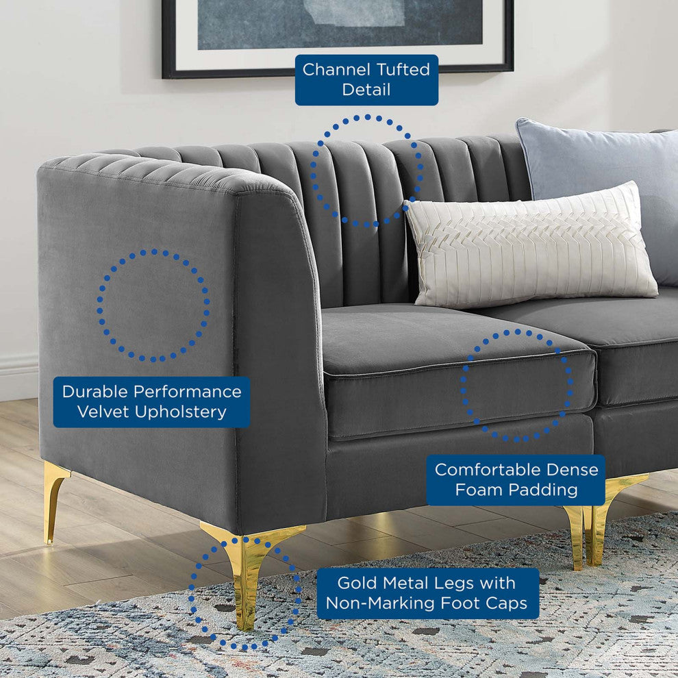 Tufted Sectional Sofa Set, Velvet, Gray, Modern, Living Lounge Hospitality