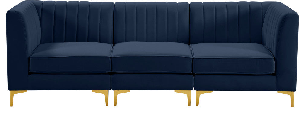 Alina Velvet Upholstered 3-Piece Modular Sofa, Navy