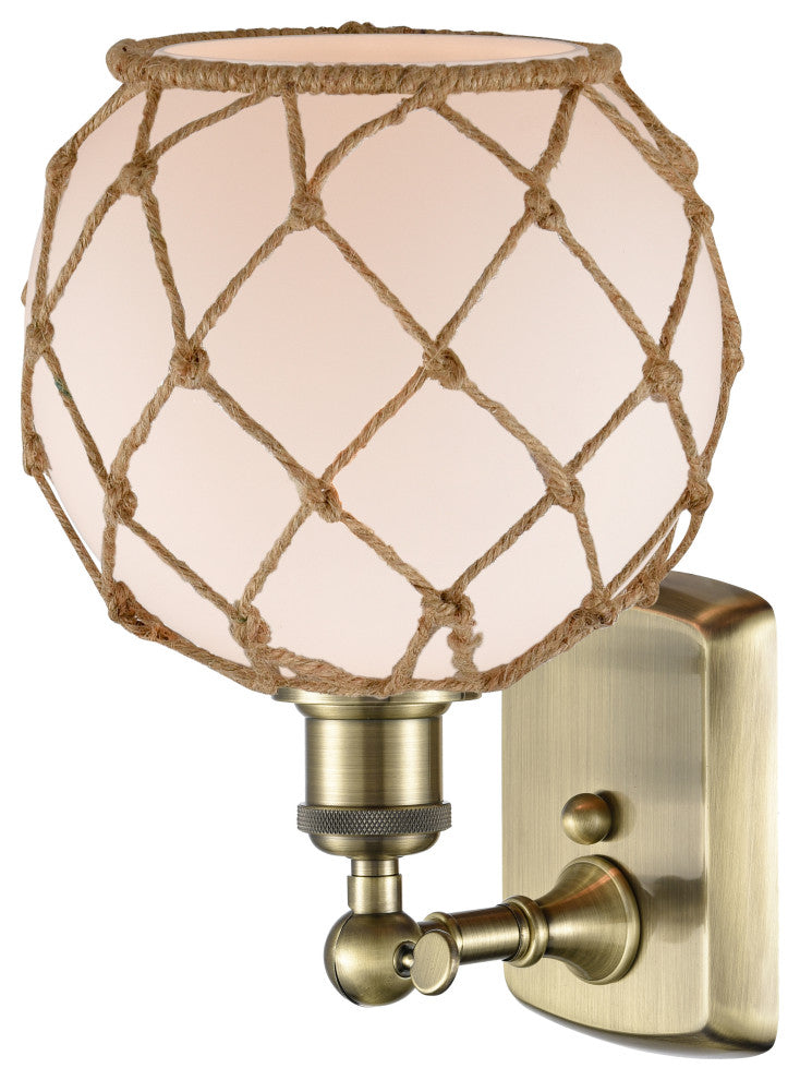 Farmhouse Rope 1 Light Sconce, Antique Brass, White Glass with Brown Rope