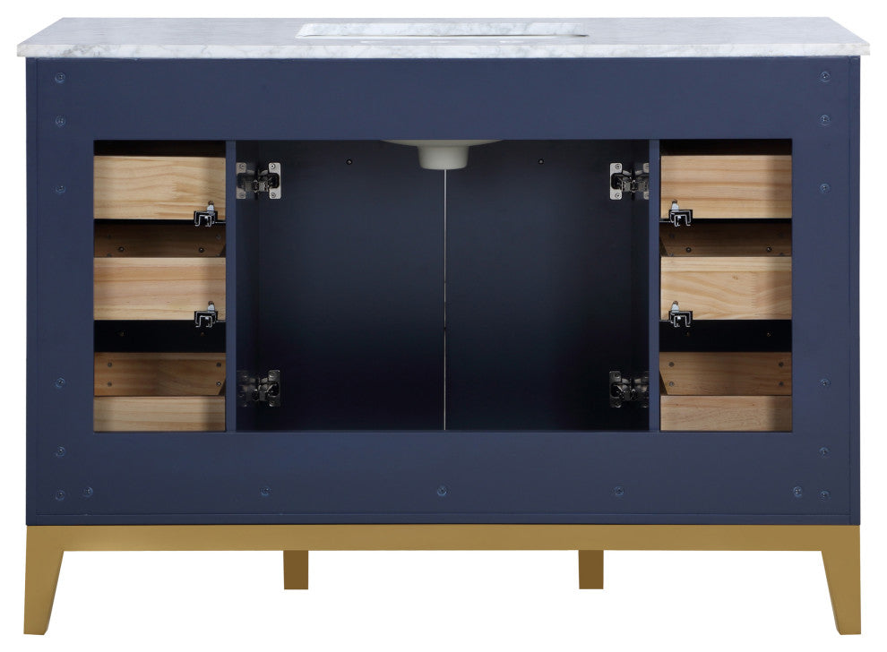 Enigma 48" W Freestanding Bath Vanity, Blue With White Carrara Marble Top