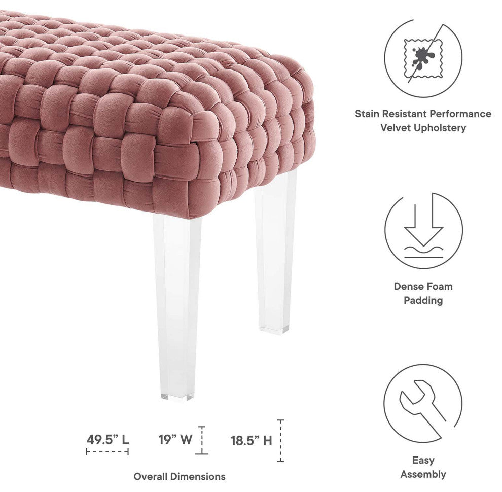 Ottoman Bench, Pink, Velvet, Modern, Mid Century Hotel Lounge Cafe