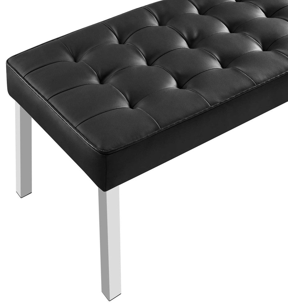 Loft Tufted Large Upholstered Faux Leather Bench Silver Black