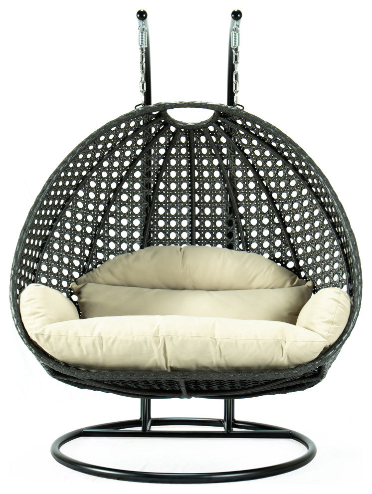 2 Person Charcoal Wicker Double Hanging Egg Swing Chair, Taupe
